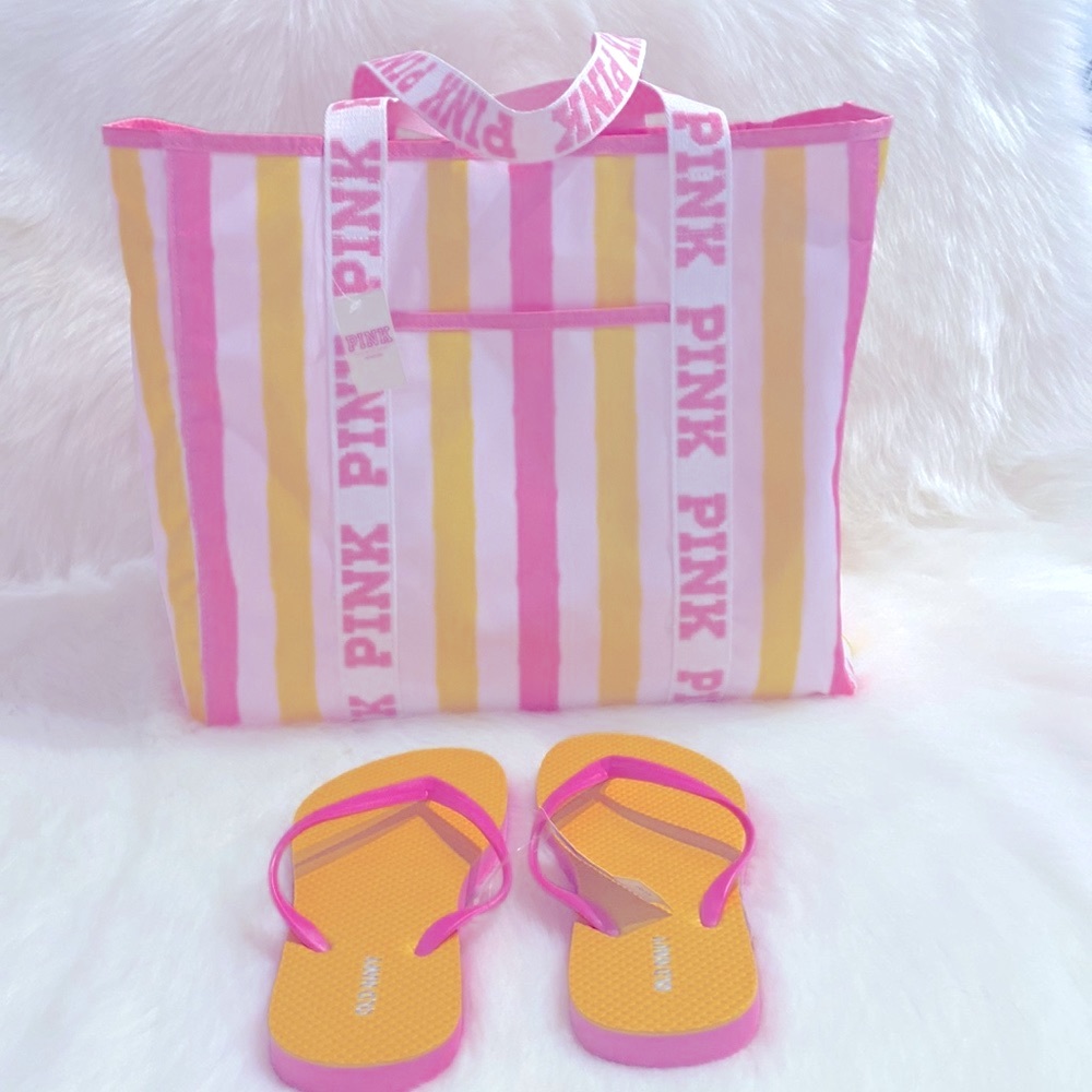 Victoria’s Secret PInk Yellow and White Stripe Tote BNWT Excellent Condi…